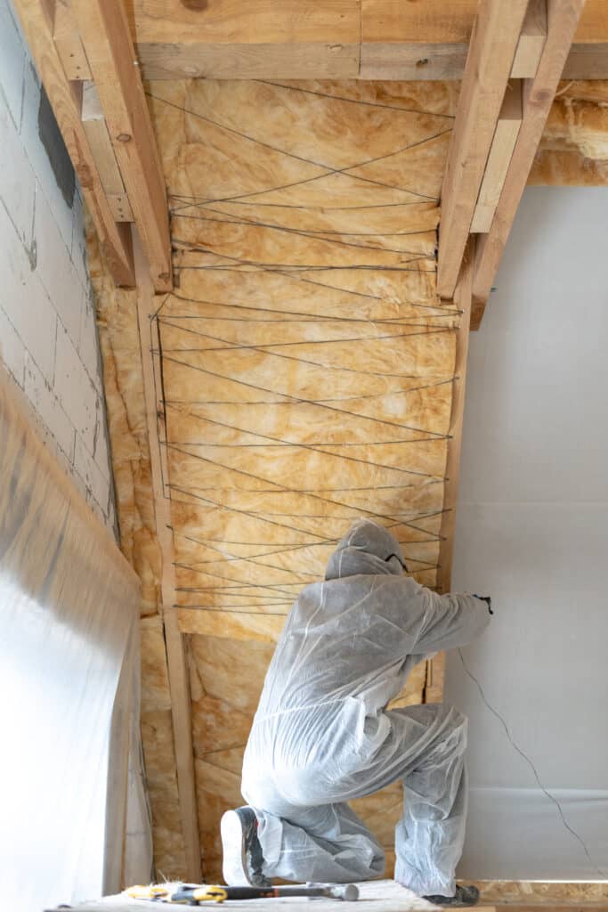 Ouvrier en combinaison blanche isolant un plafond et un mur avec de la laine minérale entre les poutres en bois lors de travaux de rénovation.